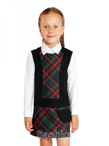 Сарафан для дівчинки Sashka шкільний зелений в червону клітинку (напіввовна), розмір 116-146